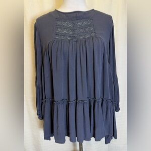 Attic Salt Grey Long Sleeve Tunic Lace Front Pullover Long Sleeve Blouse Sz L